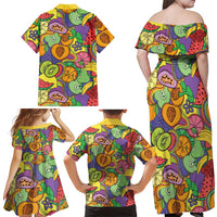 Hawaii Fruits Hippie Style Family Matching Off Shoulder Maxi Dress and Hawaiian Shirt Vibrant Colorful
