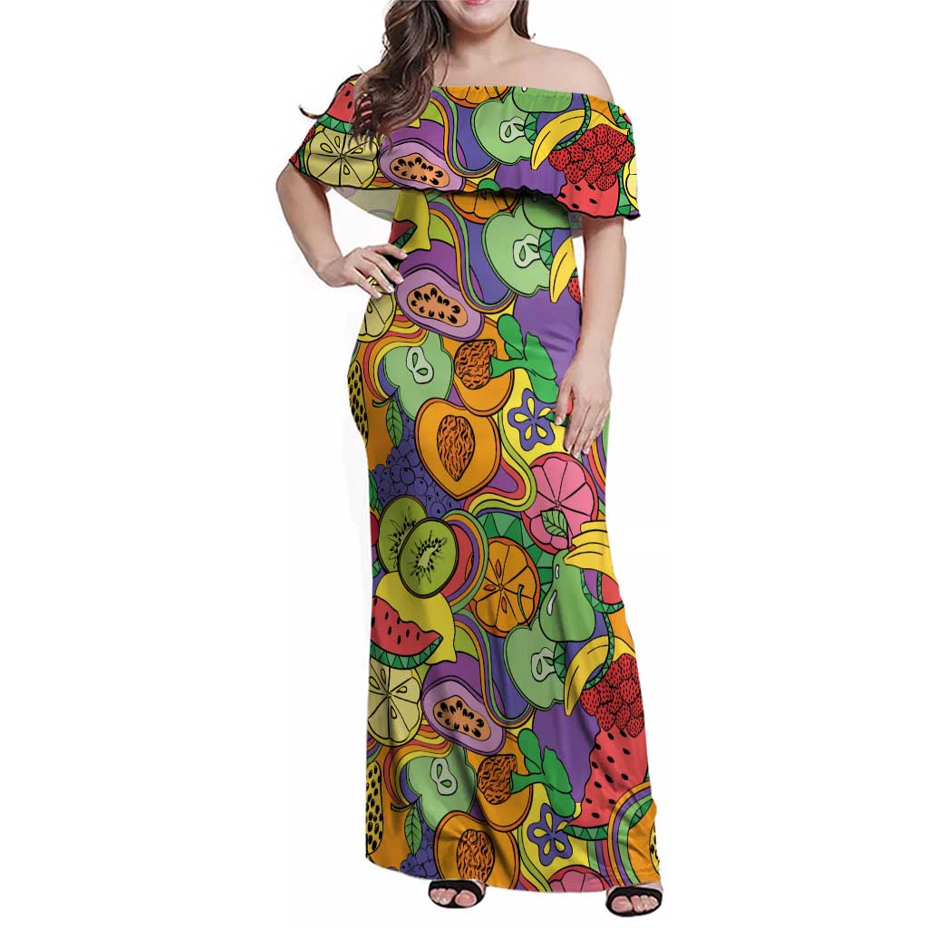Hawaii Fruits Hippie Style Family Matching Off Shoulder Maxi Dress and Hawaiian Shirt Vibrant Colorful