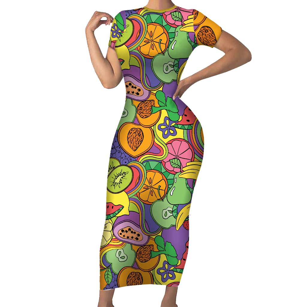 Hawaii Fruits Hippie Style Family Matching Short Sleeve Bodycon Dress and Hawaiian Shirt Vibrant Colorful