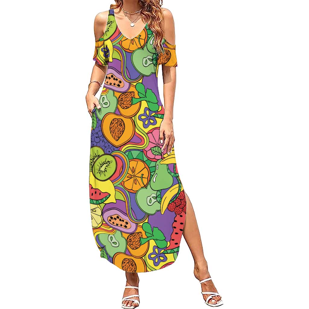Hawaii Fruits Hippie Style Family Matching Summer Maxi Dress and Hawaiian Shirt Vibrant Colorful