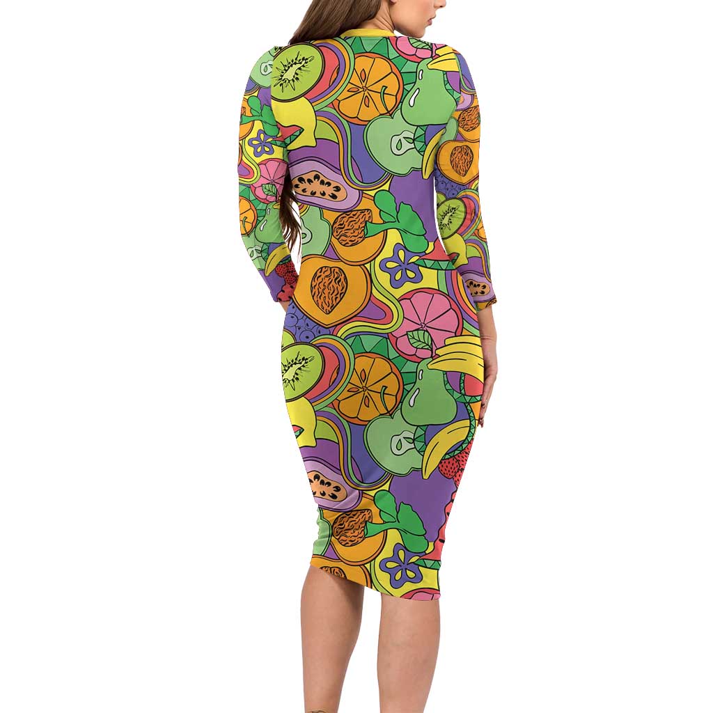Hawaii Fruits Hippie Style Long Sleeve Bodycon Dress Vibrant Colorful LT01 - Polynesian Pride