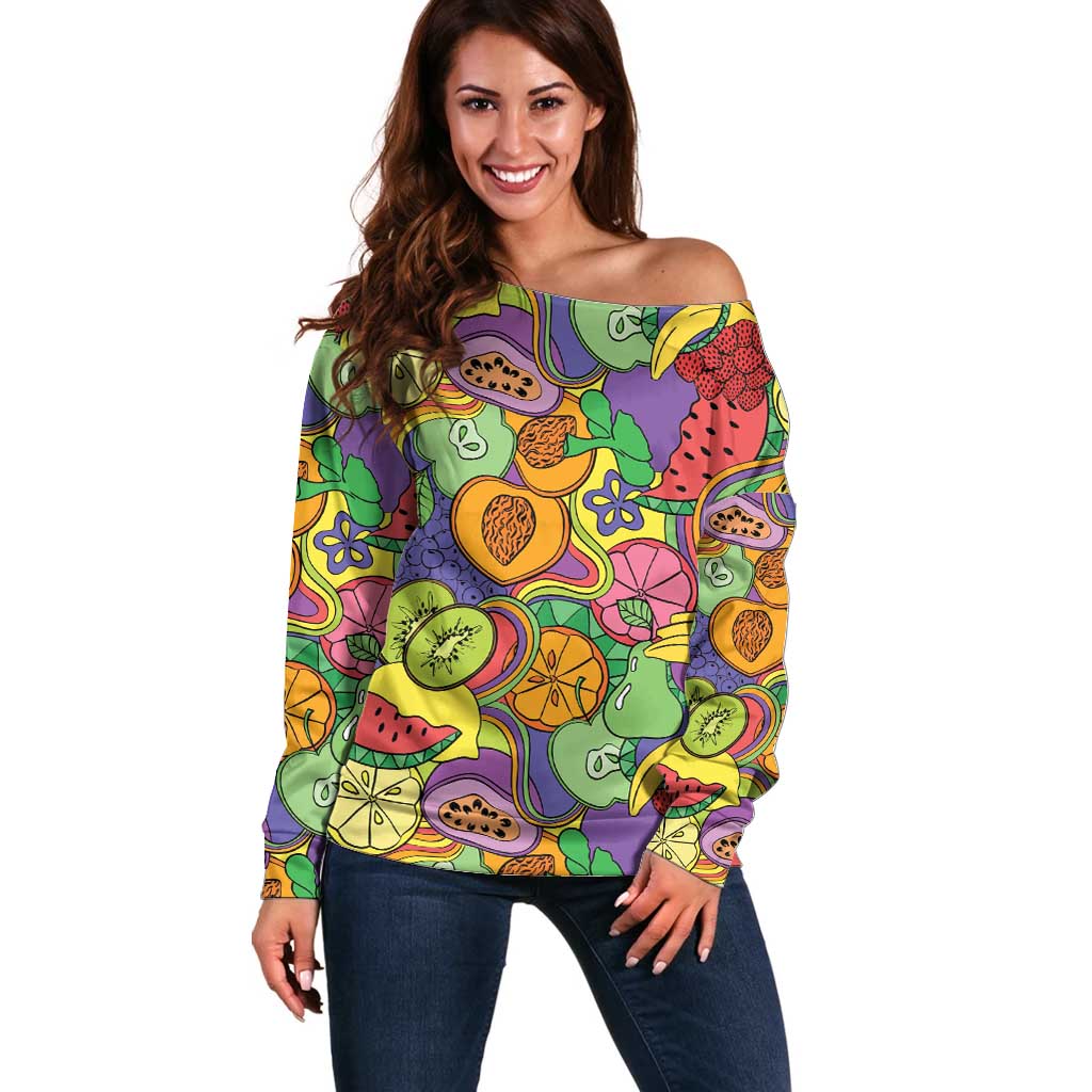 Hawaii Fruits Hippie Style Off Shoulder Sweater Vibrant Colorful LT01 Women Multicolor - Polynesian Pride