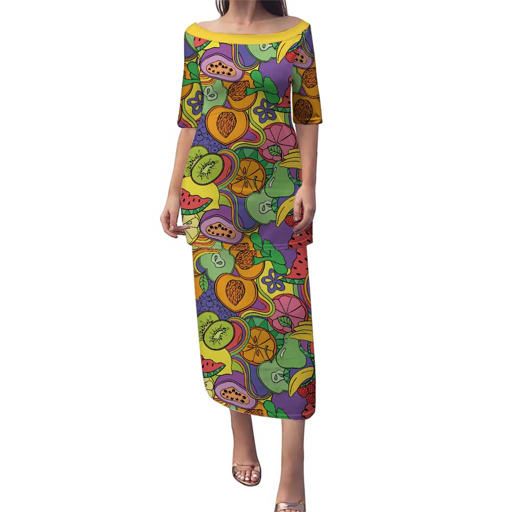 Hawaii Fruits Hippie Style Puletasi Vibrant Colorful LT01 Long Dress Multicolor - Polynesian Pride