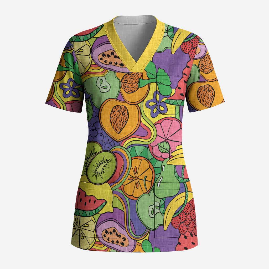 Hawaii Fruits Hippie Style Scrub Top Vibrant Colorful LT01 Adult Multicolor - Polynesian Pride