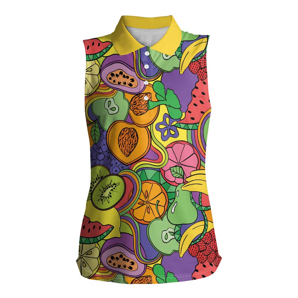 Hawaii Fruits Hippie Style Women Sleeveless Polo Shirt Vibrant Colorful LT01 Female Multicolor - Polynesian Pride