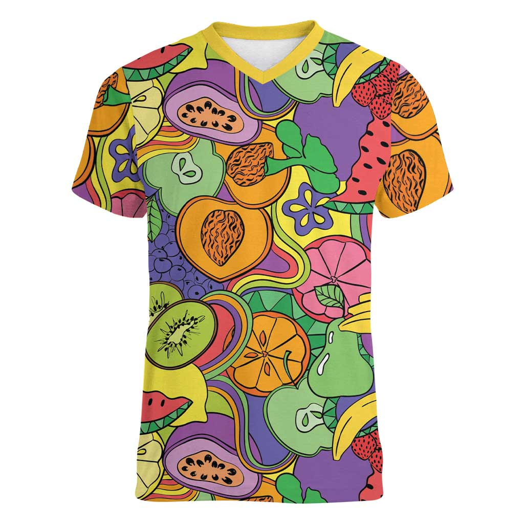 Hawaii Fruits Hippie Style Women V-Neck T-Shirt Vibrant Colorful LT01 Female Multicolor - Polynesian Pride