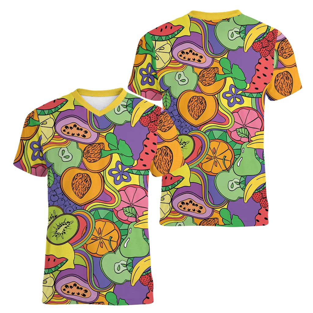 Hawaii Fruits Hippie Style Women V-Neck T-Shirt Vibrant Colorful LT01 - Polynesian Pride