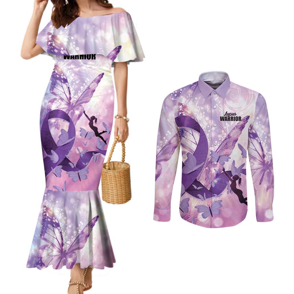 Personalized Polynesian Lupus Awareness Couples Matching Mermaid Dress and Long Sleeve Button Shirt Butterfly Hologram Lupus Warrior LT01 Purple - Polynesian Pride