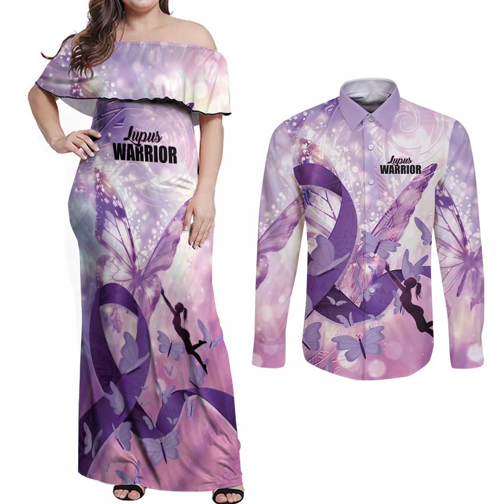 Personalized Polynesian Lupus Awareness Couples Matching Off Shoulder Maxi Dress and Long Sleeve Button Shirt Butterfly Hologram Lupus Warrior LT01 Purple - Polynesian Pride