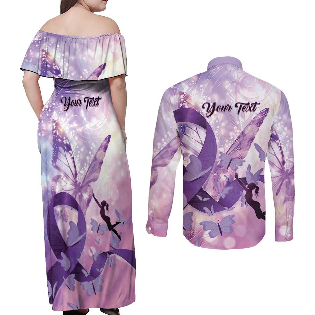 Personalized Polynesian Lupus Awareness Couples Matching Off Shoulder Maxi Dress and Long Sleeve Button Shirt Butterfly Hologram Lupus Warrior LT01 - Polynesian Pride