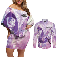 Personalized Polynesian Lupus Awareness Couples Matching Off Shoulder Short Dress and Long Sleeve Button Shirt Butterfly Hologram Lupus Warrior LT01 Purple - Polynesian Pride