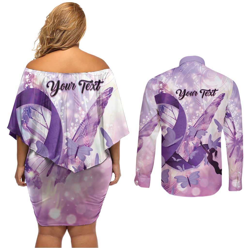 Personalized Polynesian Lupus Awareness Couples Matching Off Shoulder Short Dress and Long Sleeve Button Shirt Butterfly Hologram Lupus Warrior LT01 - Polynesian Pride