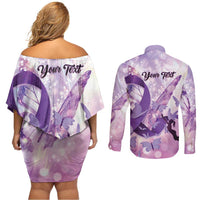 Personalized Polynesian Lupus Awareness Couples Matching Off Shoulder Short Dress and Long Sleeve Button Shirt Butterfly Hologram Lupus Warrior LT01 - Polynesian Pride
