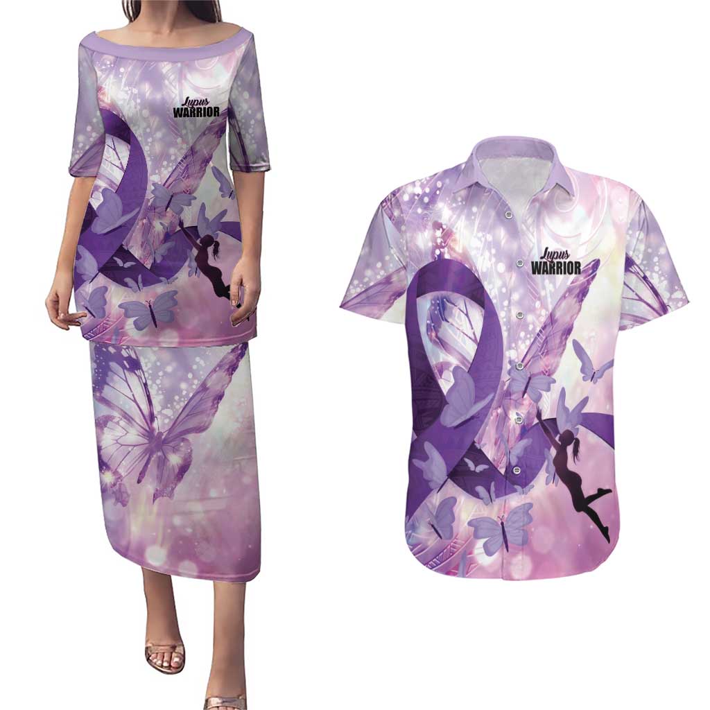 Personalized Polynesian Lupus Awareness Couples Matching Puletasi and Hawaiian Shirt Butterfly Hologram Lupus Warrior LT01 Purple - Polynesian Pride