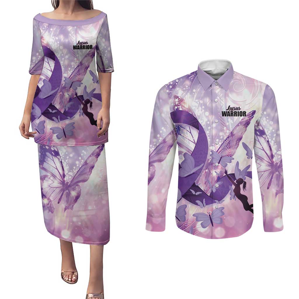Personalized Polynesian Lupus Awareness Couples Matching Puletasi and Long Sleeve Button Shirt Butterfly Hologram Lupus Warrior LT01 Purple - Polynesian Pride