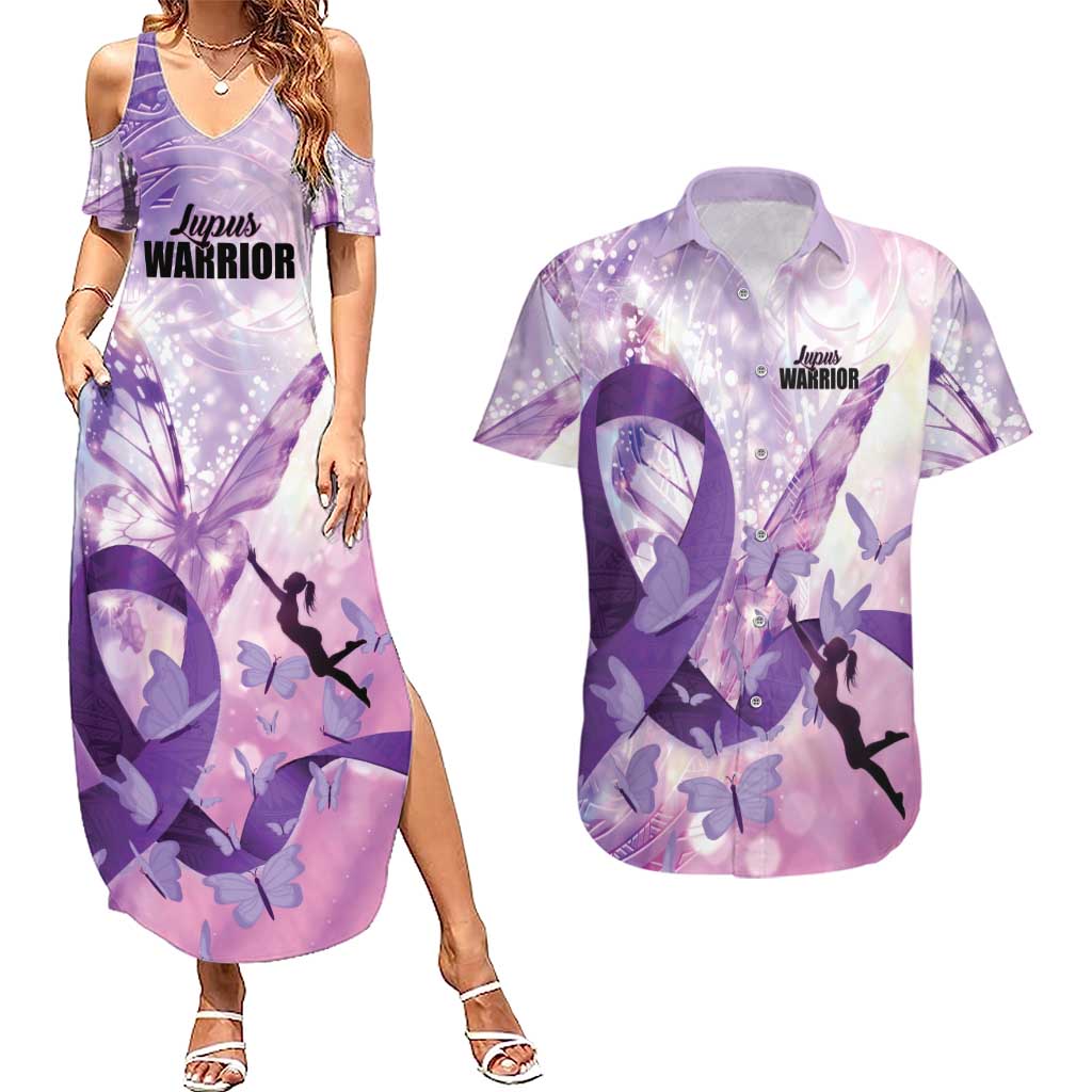 Personalized Polynesian Lupus Awareness Couples Matching Summer Maxi Dress and Hawaiian Shirt Butterfly Hologram Lupus Warrior LT01 Purple - Polynesian Pride