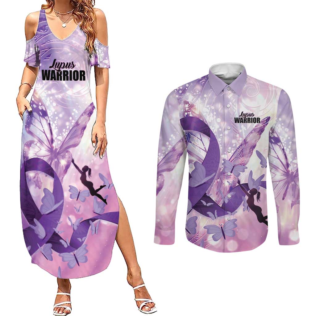 Personalized Polynesian Lupus Awareness Couples Matching Summer Maxi Dress and Long Sleeve Button Shirt Butterfly Hologram Lupus Warrior LT01 Purple - Polynesian Pride