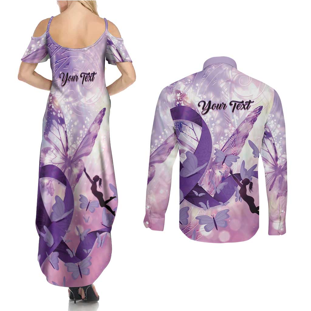 Personalized Polynesian Lupus Awareness Couples Matching Summer Maxi Dress and Long Sleeve Button Shirt Butterfly Hologram Lupus Warrior LT01 - Polynesian Pride