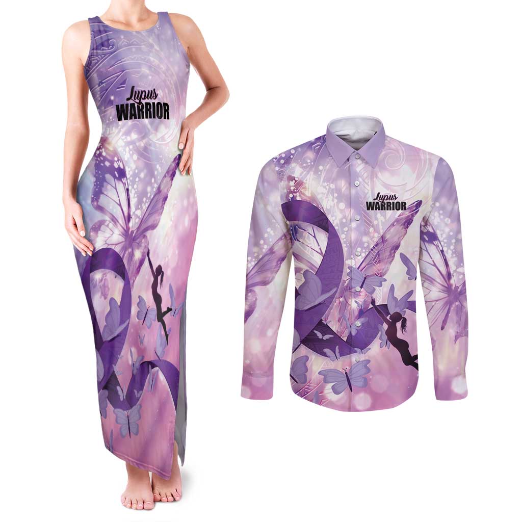 Personalized Polynesian Lupus Awareness Couples Matching Tank Maxi Dress and Long Sleeve Button Shirt Butterfly Hologram Lupus Warrior LT01 Purple - Polynesian Pride