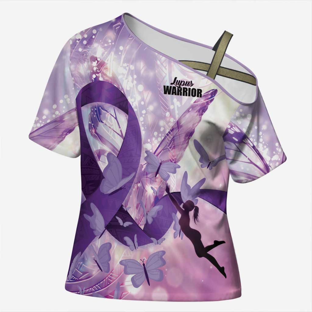 Personalized Polynesian Lupus Awareness Cross Shoulder Shirt Butterfly Hologram Lupus Warrior LT01 Female Purple - Polynesian Pride