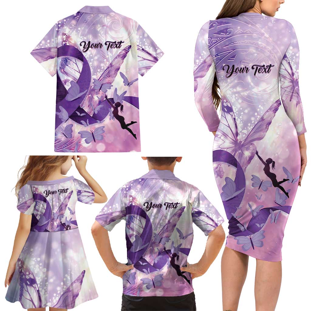 Personalized Polynesian Lupus Awareness Family Matching Long Sleeve Bodycon Dress and Hawaiian Shirt Butterfly Hologram Lupus Warrior