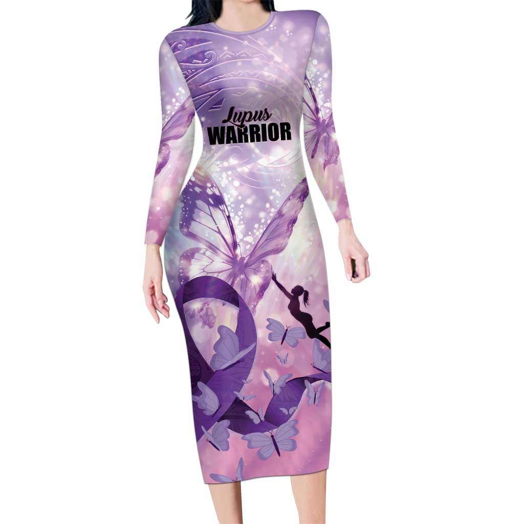 Personalized Polynesian Lupus Awareness Family Matching Long Sleeve Bodycon Dress and Hawaiian Shirt Butterfly Hologram Lupus Warrior