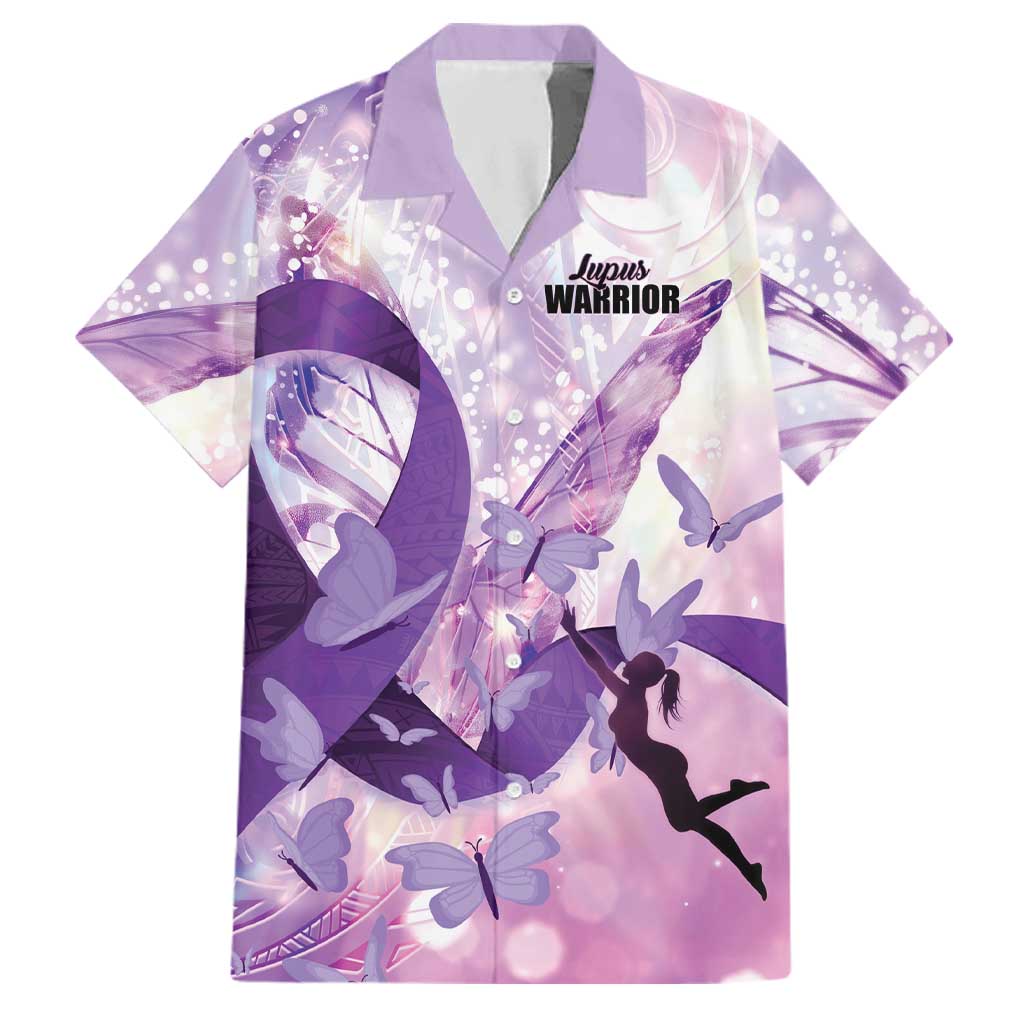 Personalized Polynesian Lupus Awareness Family Matching Off Shoulder Short Dress and Hawaiian Shirt Butterfly Hologram Lupus Warrior