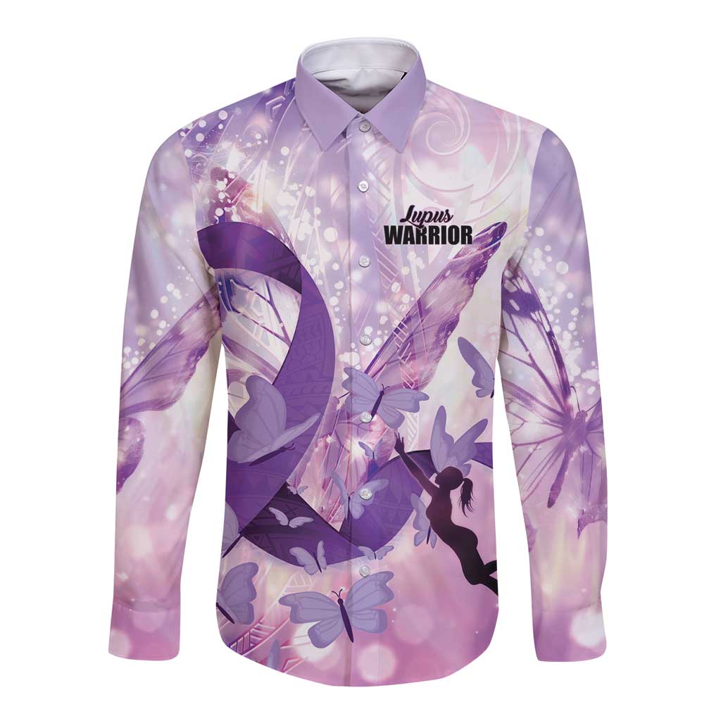 Personalized Polynesian Lupus Awareness Long Sleeve Button Shirt Butterfly Hologram Lupus Warrior