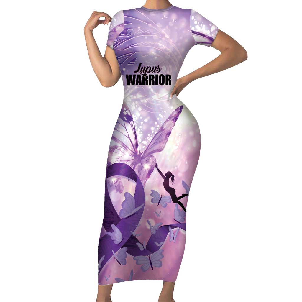 Personalized Polynesian Lupus Awareness Short Sleeve Bodycon Dress Butterfly Hologram Lupus Warrior