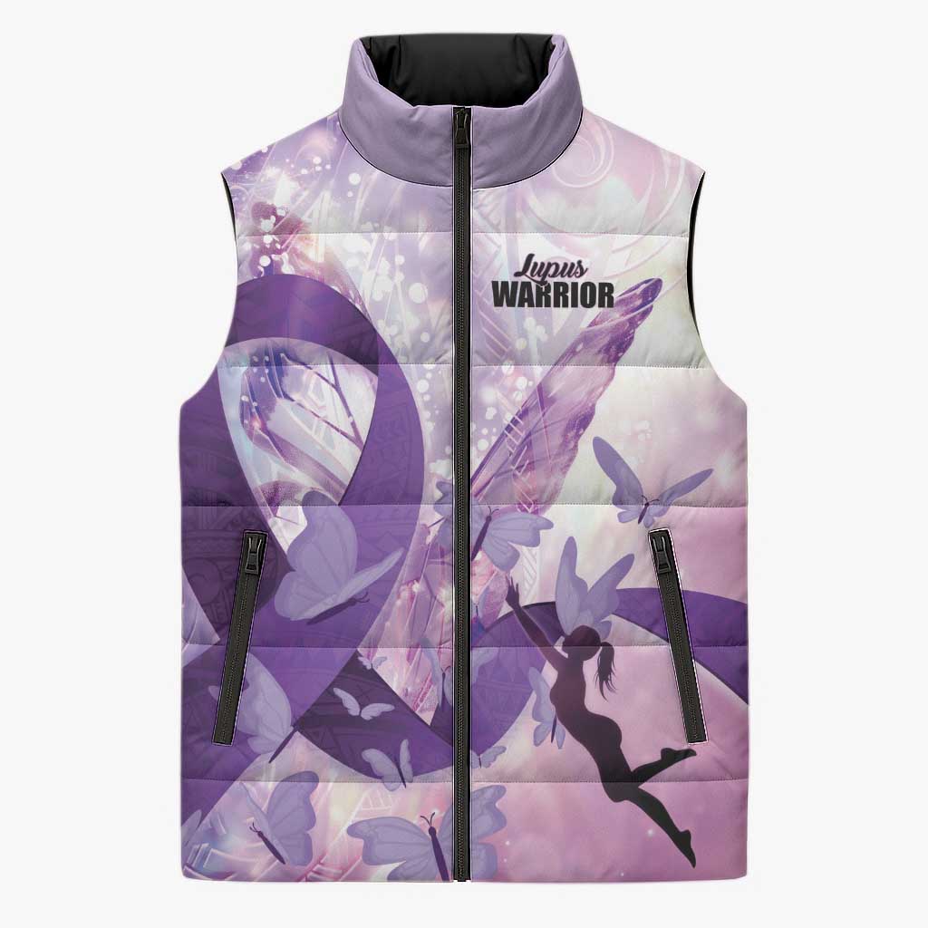 Personalized Polynesian Lupus Awareness Sleeveless Puffer Jacket Butterfly Hologram Lupus Warrior LT01 Unisex Purple - Polynesian Pride