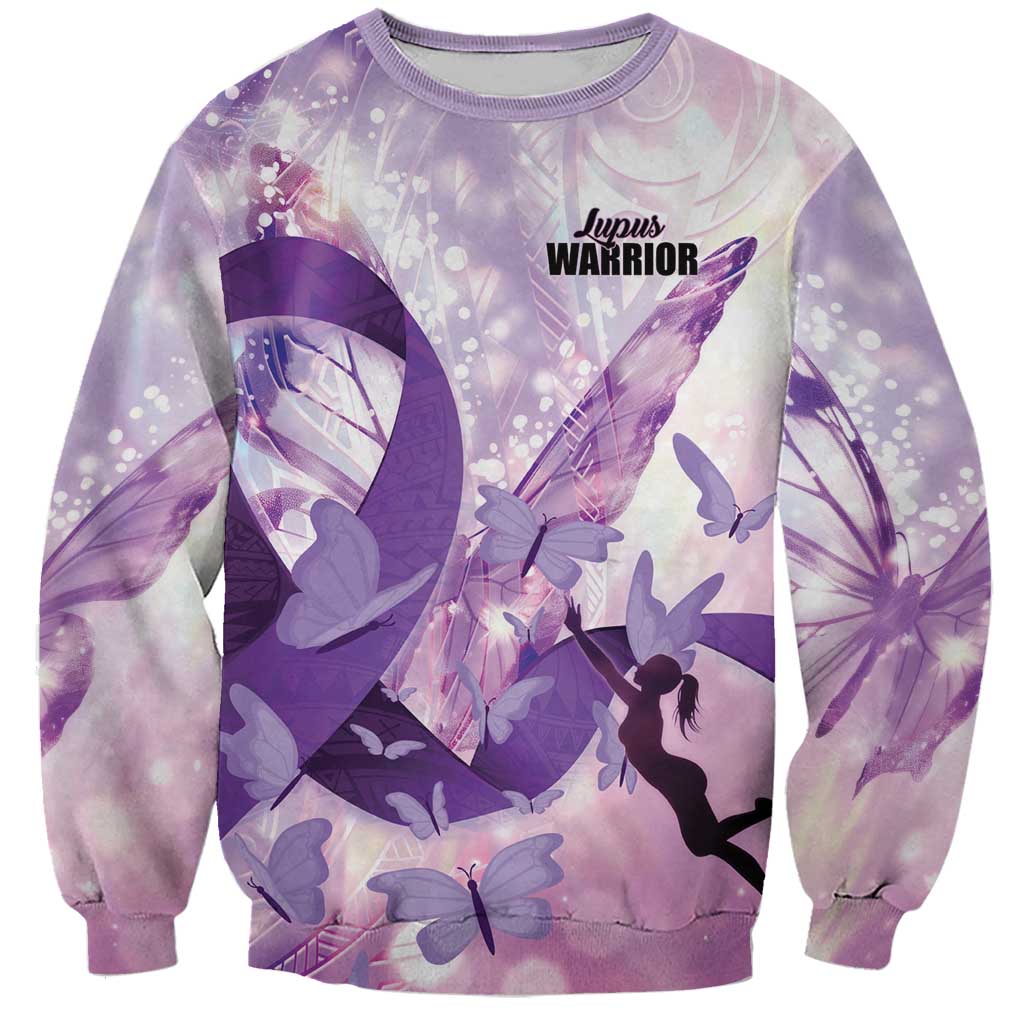 Personalized Polynesian Lupus Awareness Sweatshirt Butterfly Hologram Lupus Warrior LT01 Unisex Purple - Polynesian Pride