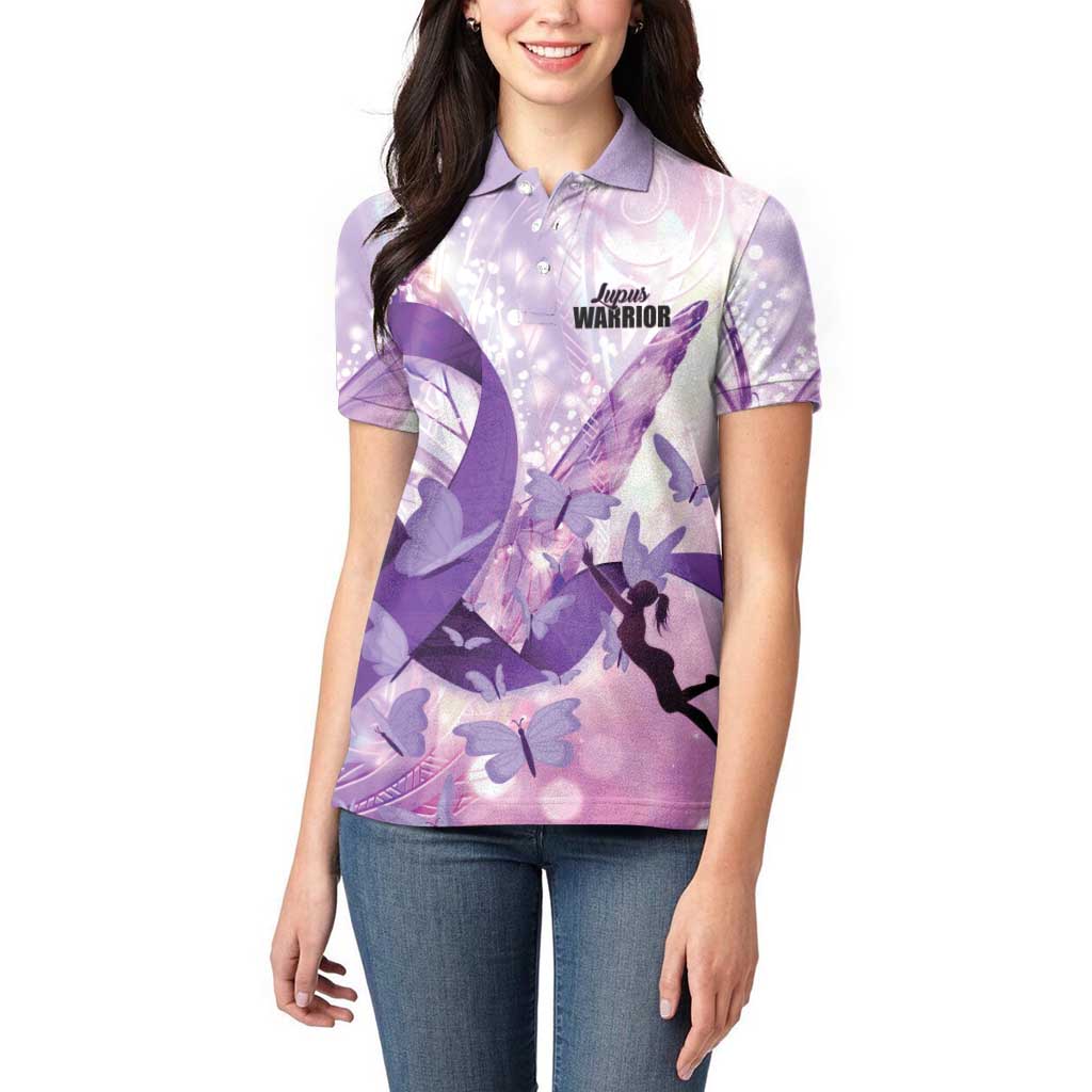 Personalized Polynesian Lupus Awareness Women Polo Shirt Butterfly Hologram Lupus Warrior LT01 - Polynesian Pride