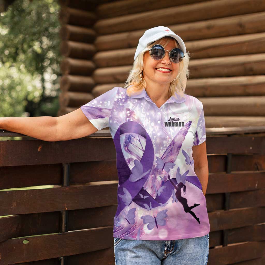 Personalized Polynesian Lupus Awareness Women Polo Shirt Butterfly Hologram Lupus Warrior LT01 - Polynesian Pride