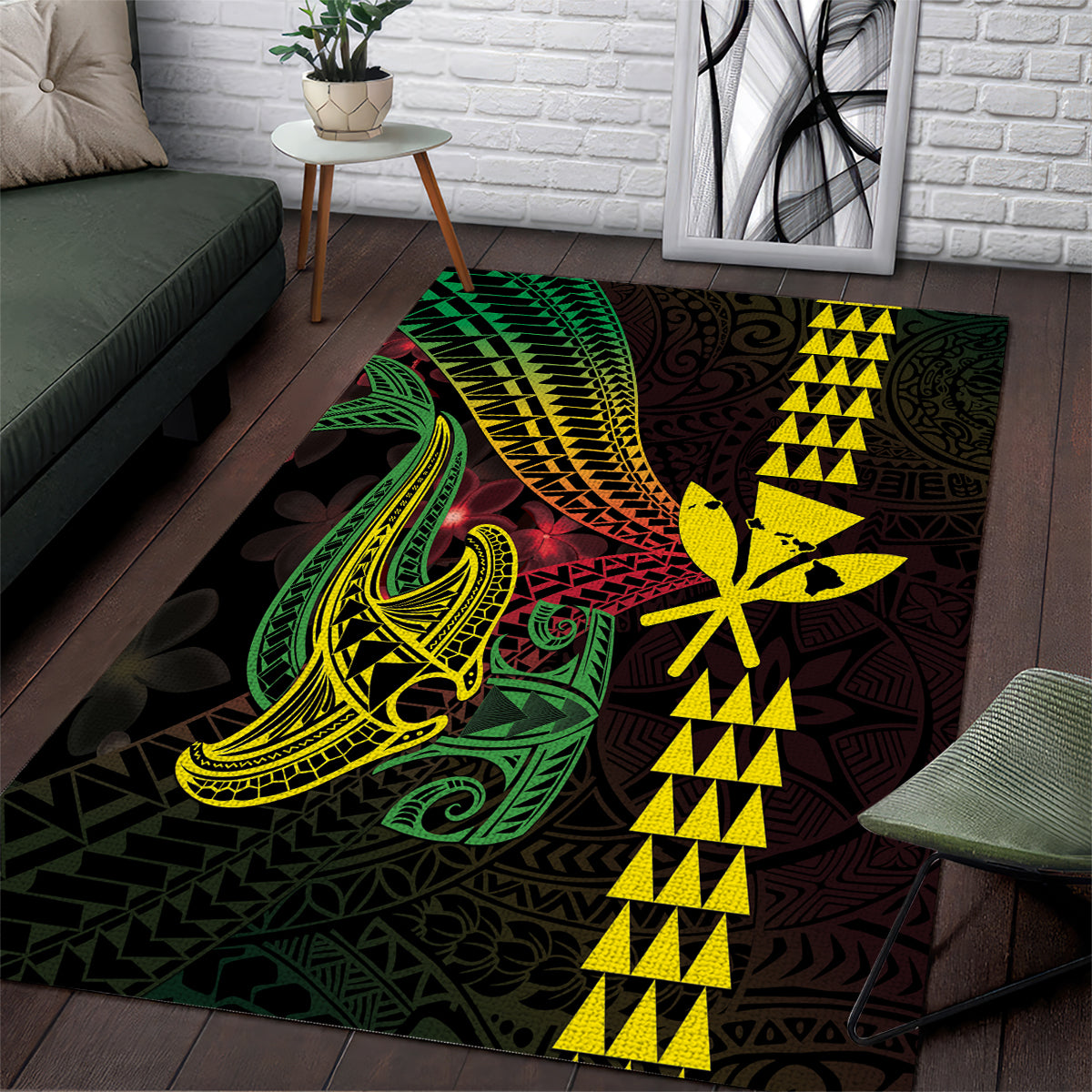 Hawaii Kakau Hammerhead Shark Area Rug Neon Plumeria Pattern
