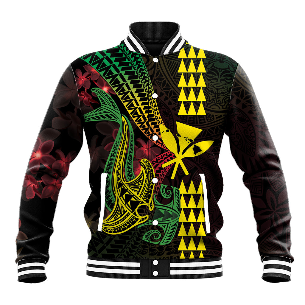 Hawaii Kakau Hammerhead Shark Baseball Jacket Neon Plumeria Pattern LT01 Unisex Black - Polynesian Pride