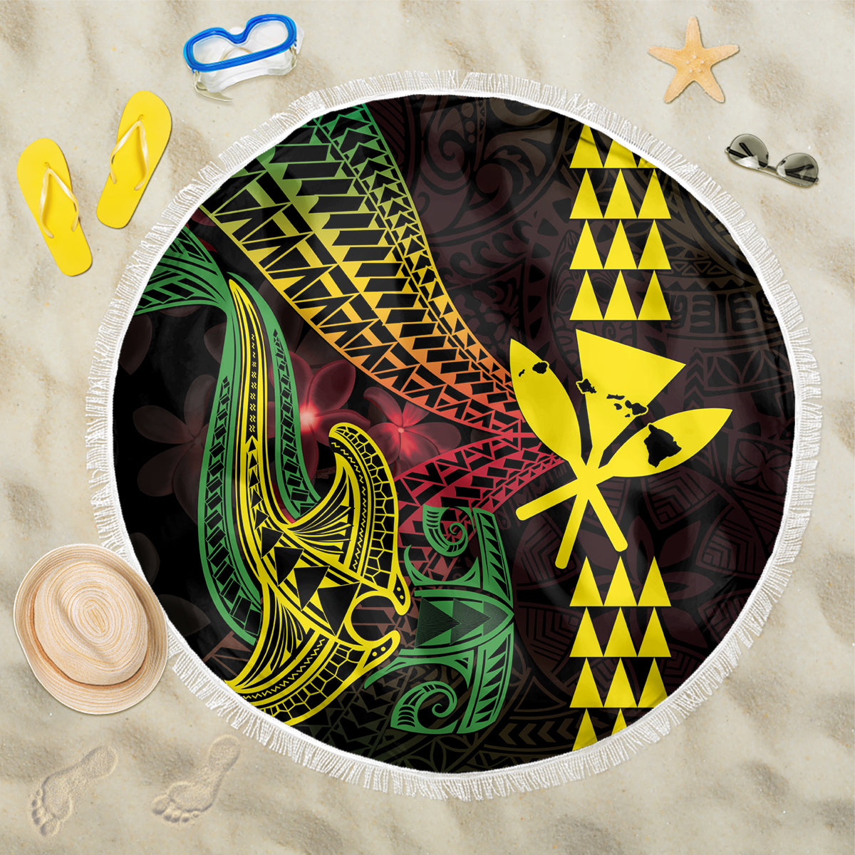 Hawaii Kakau Hammerhead Shark Beach Blanket Neon Plumeria Pattern LT01 One Size 150cm Black - Polynesian Pride