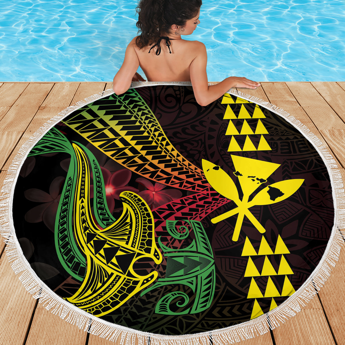 Hawaii Kakau Hammerhead Shark Beach Blanket Neon Plumeria Pattern LT01 - Polynesian Pride