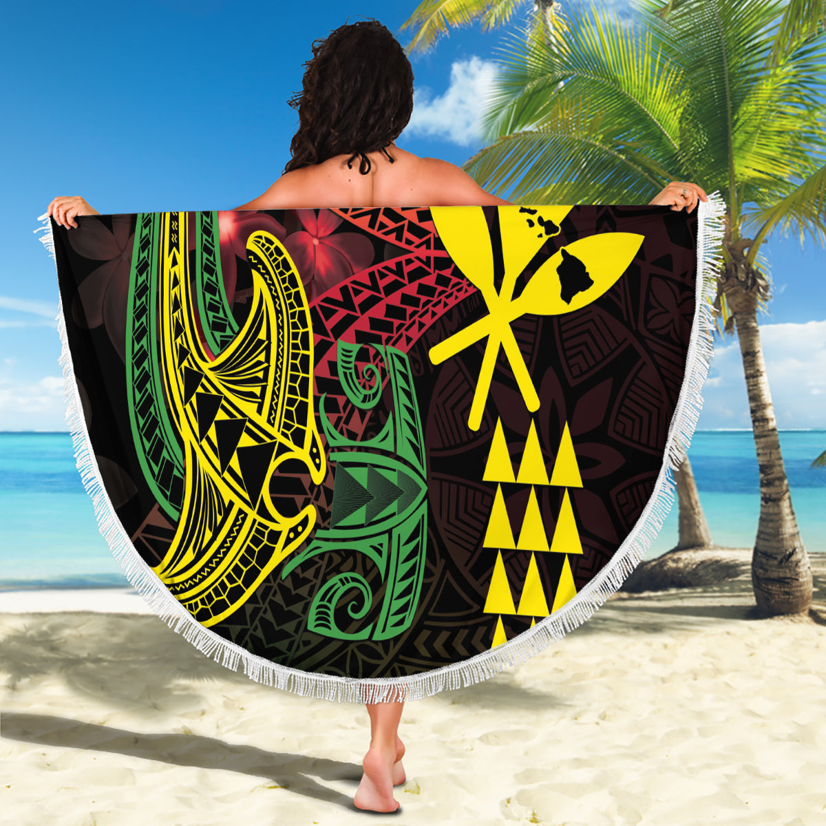 Hawaii Kakau Hammerhead Shark Beach Blanket Neon Plumeria Pattern LT01 - Polynesian Pride