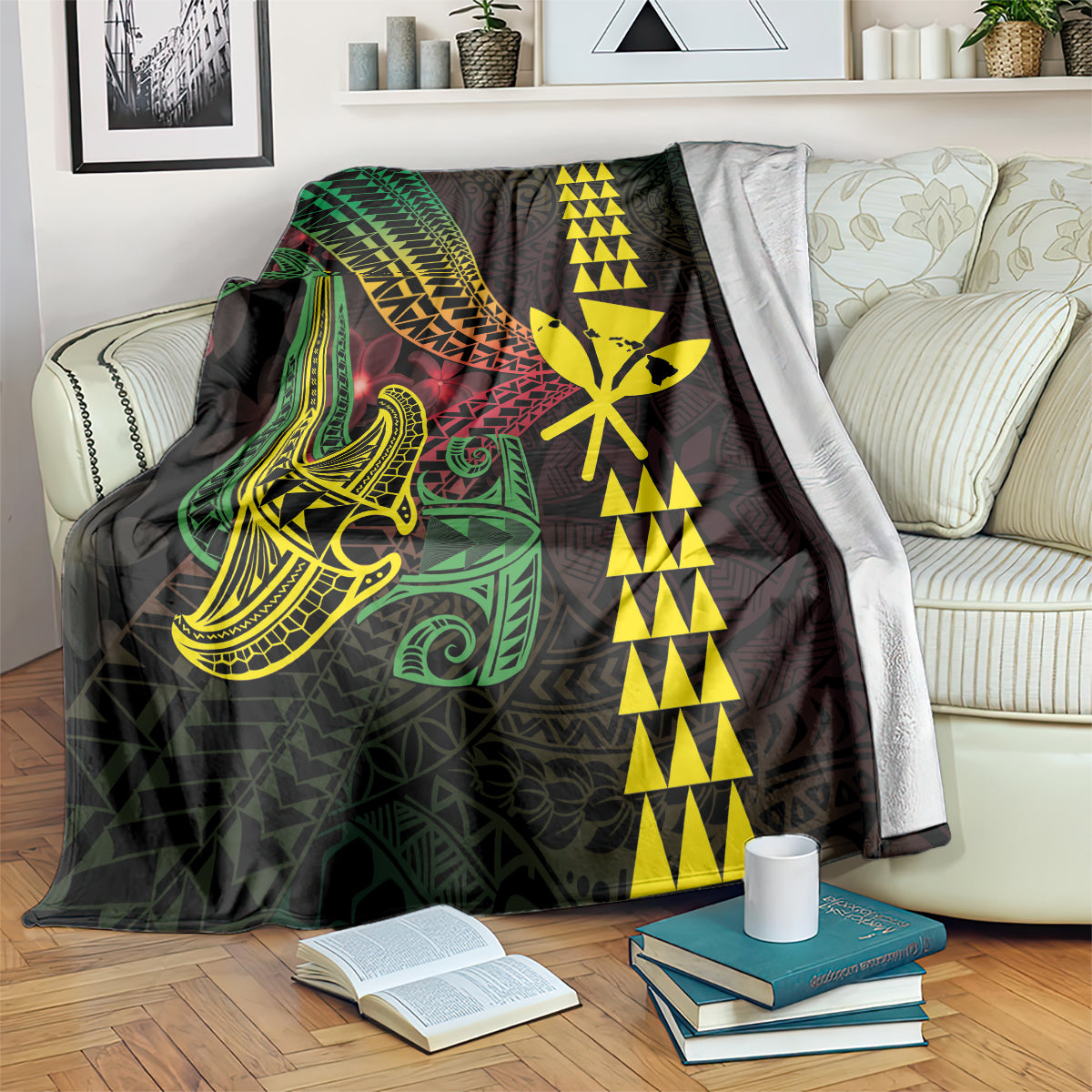 Hawaii Kakau Hammerhead Shark Blanket Neon Plumeria Pattern LT01 Black - Polynesian Pride