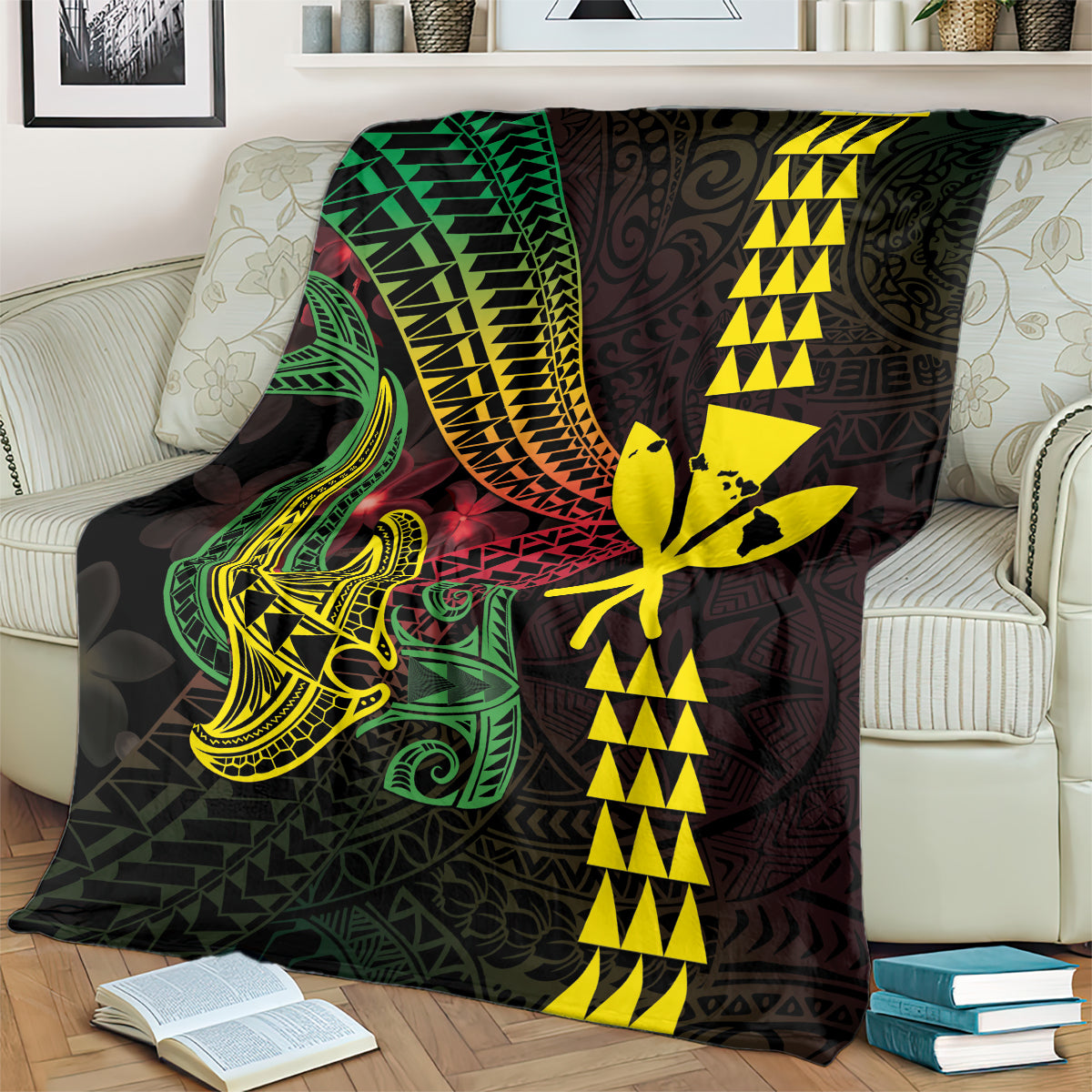 Hawaii Kakau Hammerhead Shark Blanket Neon Plumeria Pattern LT01 - Polynesian Pride