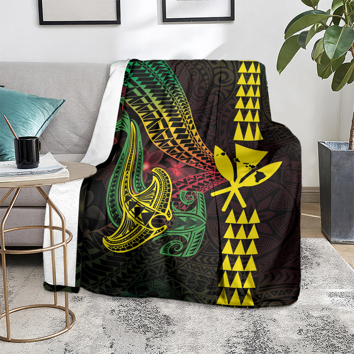 Hawaii Kakau Hammerhead Shark Blanket Neon Plumeria Pattern LT01 - Polynesian Pride