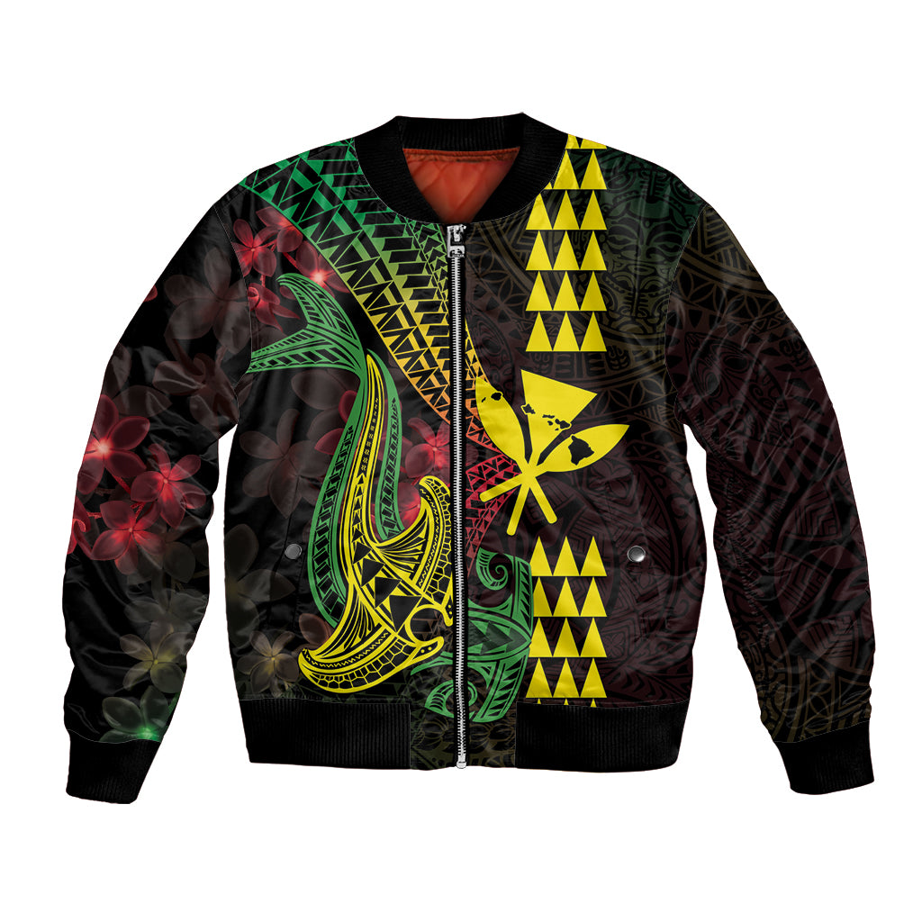 Hawaii Kakau Hammerhead Shark Bomber Jacket Neon Plumeria Pattern LT01 Unisex Black - Polynesian Pride
