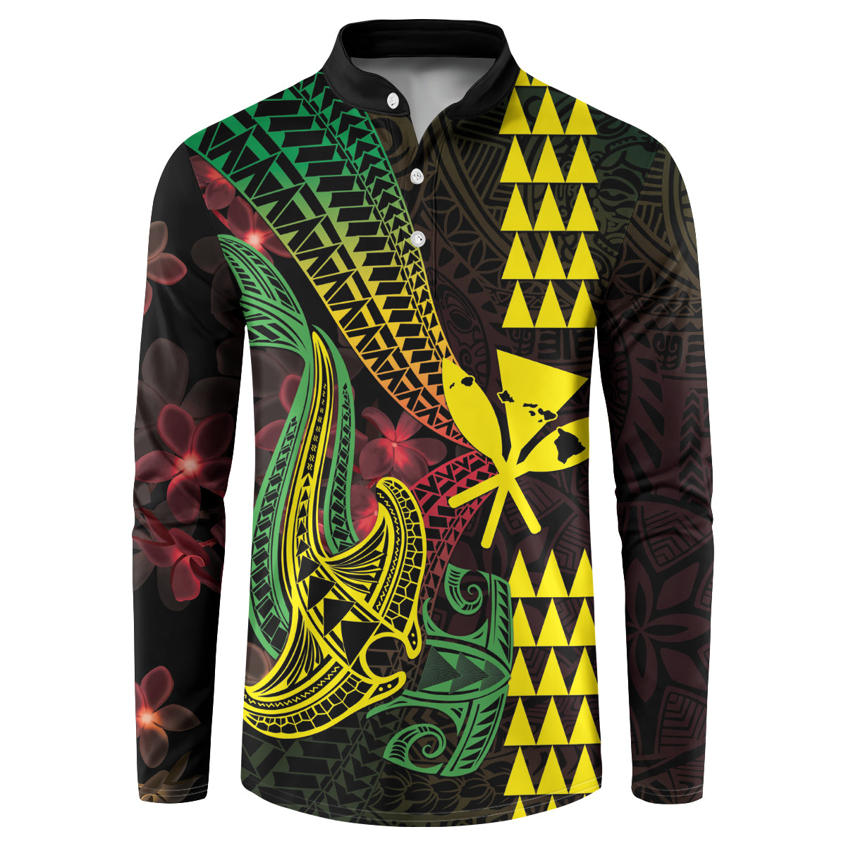 Hawaii Kakau Hammerhead Shark Button Sweatshirt Neon Plumeria Pattern LT01 Black - Polynesian Pride