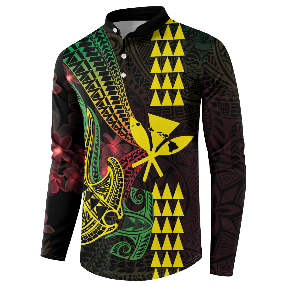 Hawaii Kakau Hammerhead Shark Button Sweatshirt Neon Plumeria Pattern LT01 - Polynesian Pride
