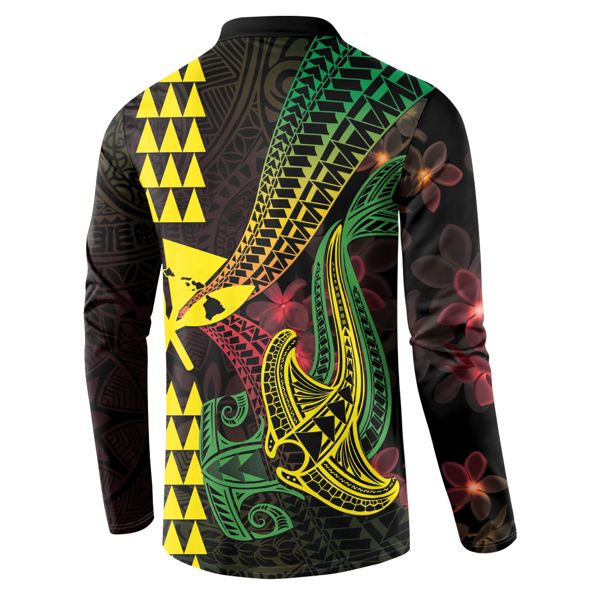 Hawaii Kakau Hammerhead Shark Button Sweatshirt Neon Plumeria Pattern LT01 - Polynesian Pride