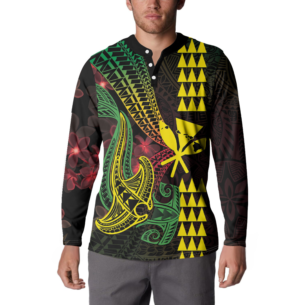Hawaii Kakau Hammerhead Shark Button Sweatshirt Neon Plumeria Pattern LT01 - Polynesian Pride