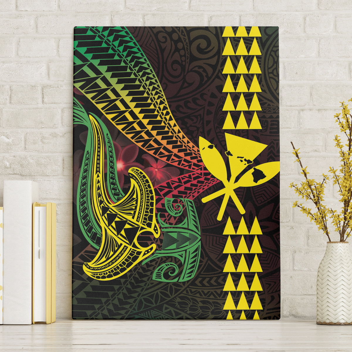 Hawaii Kakau Hammerhead Shark Canvas Wall Art Neon Plumeria Pattern LT01 Without Frame Black - Polynesian Pride
