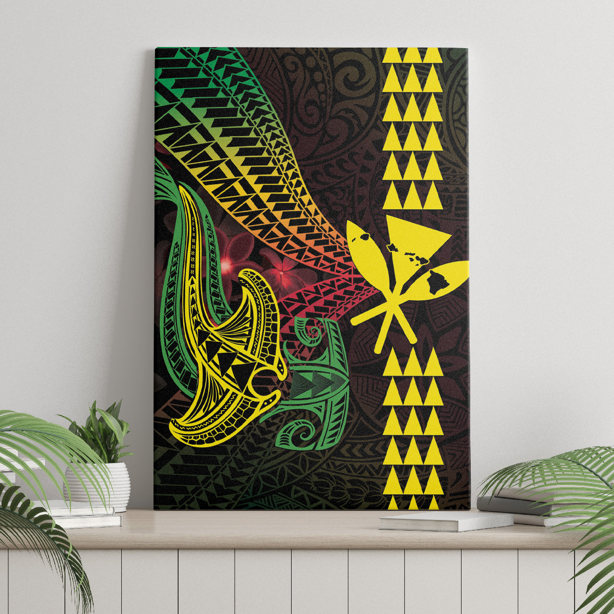 Hawaii Kakau Hammerhead Shark Canvas Wall Art Neon Plumeria Pattern LT01 - Polynesian Pride