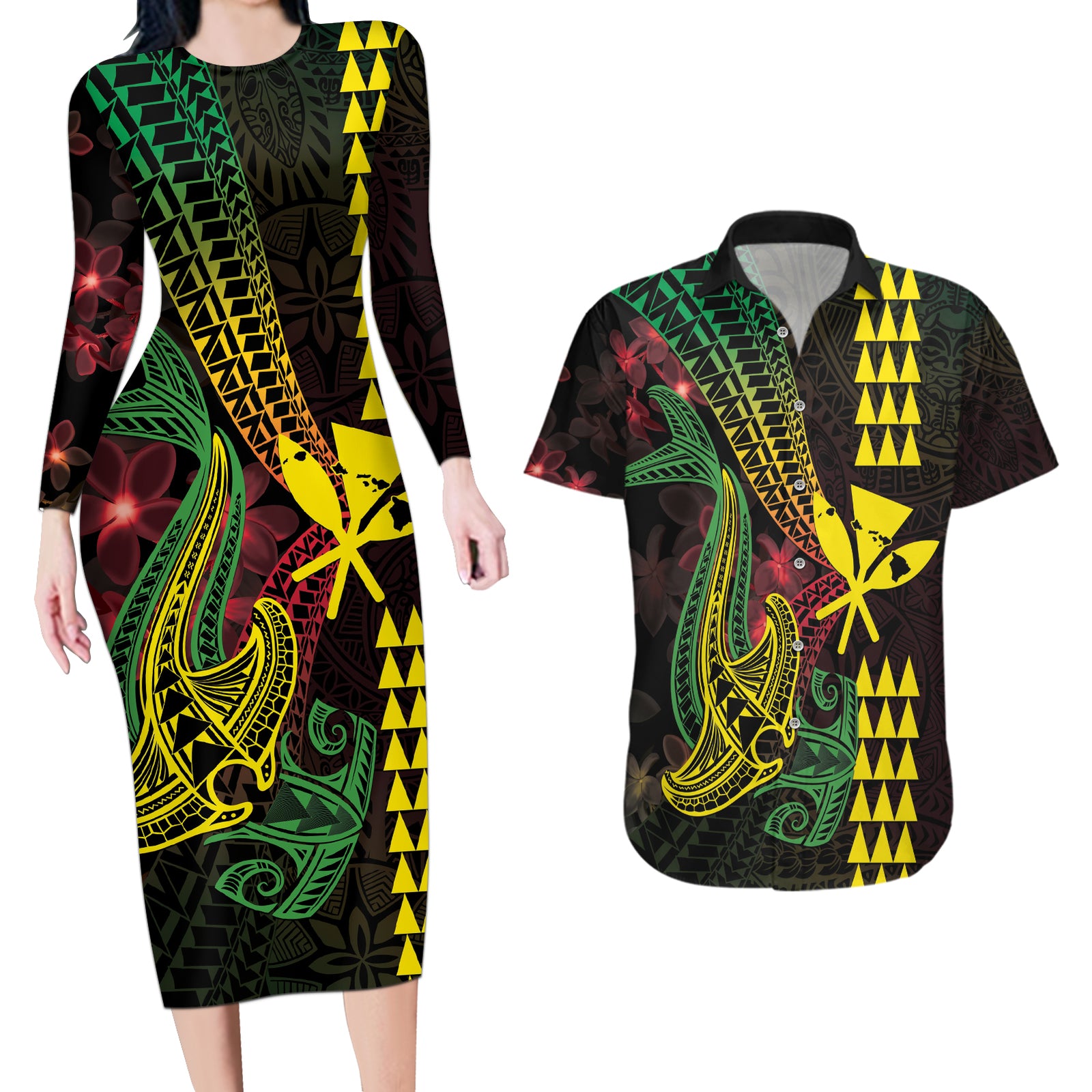 Hawaii Kakau Hammerhead Shark Couples Matching Long Sleeve Bodycon Dress and Hawaiian Shirt Neon Plumeria Pattern LT01 Black - Polynesian Pride