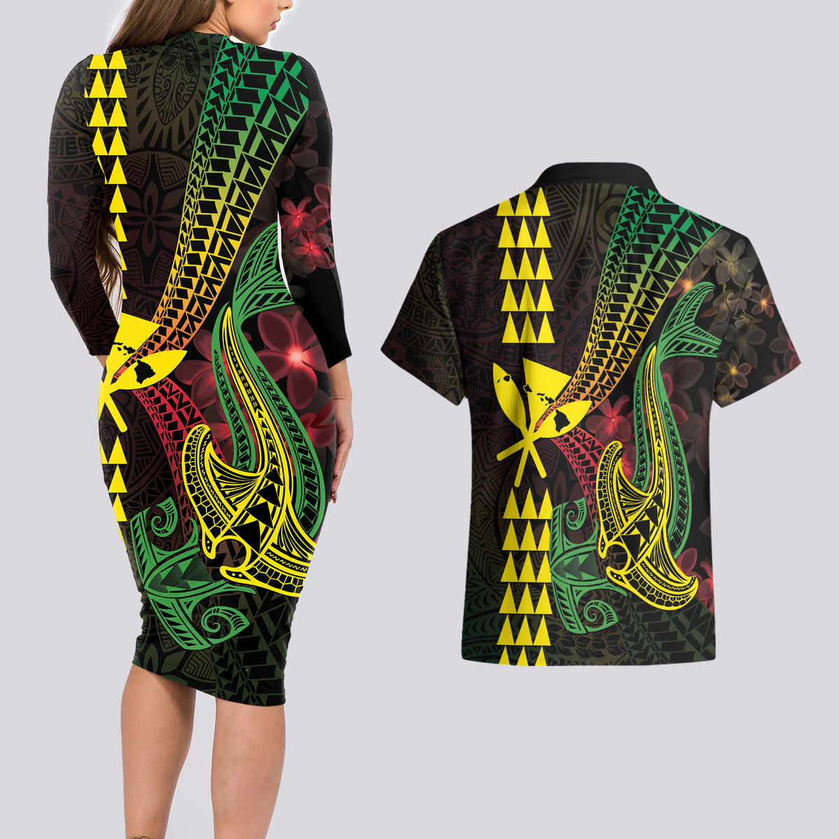 Hawaii Kakau Hammerhead Shark Couples Matching Long Sleeve Bodycon Dress and Hawaiian Shirt Neon Plumeria Pattern LT01 - Polynesian Pride